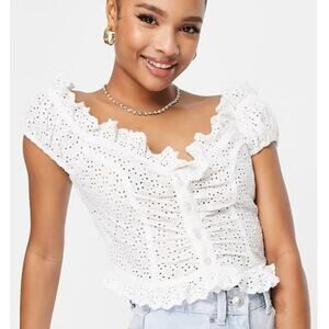 ASOS Womens Broderie Corset Button Front Eyelet Lace Frill Neck White Crop 4 NWT